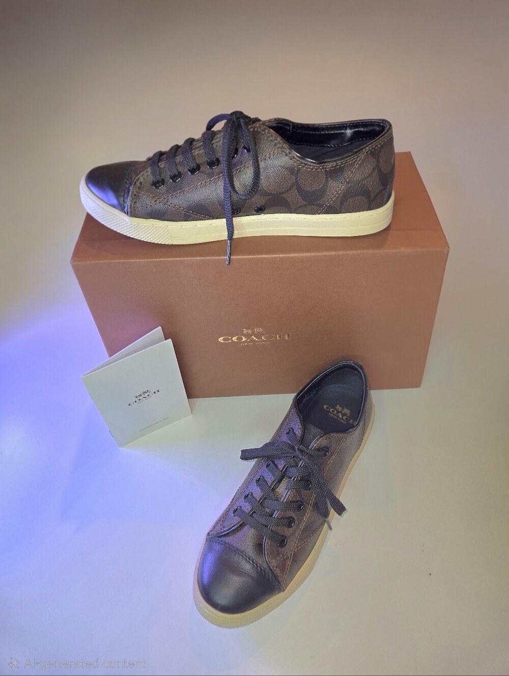 Coach Women's Brown Signature Canvas Low-Top Sneakers with Black Toe Cap